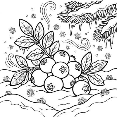 Discover the serene beauty of winter with this charming blueberry coloring page. Nestled in a snowy landscape, these berries offer a delightful and unique scene for all ages to bring to life with color.