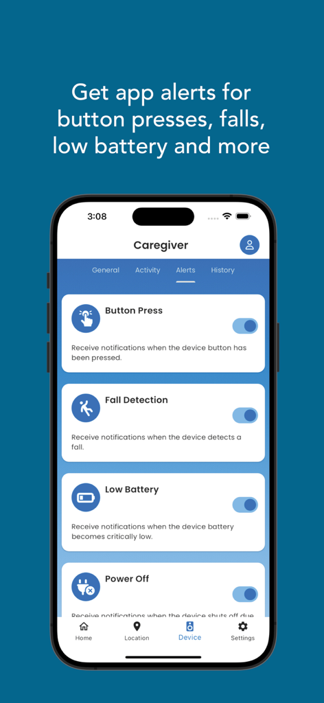 Caregiver Mobile - Caregiver Mobile app interface showing notification settings for fall detection and battery alerts