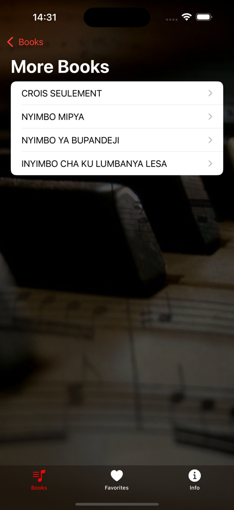 Songs of praise - Lista de hinários religiosos multilíngues no menu do aplicativo.