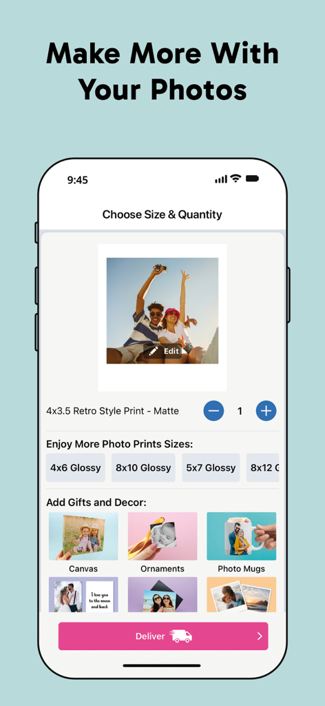 Écran de l'application mobile Photo Prints plus montrant les options pour choisir les tailles de tirage et les cadeaux personnalisés comme les toiles et les tasses.