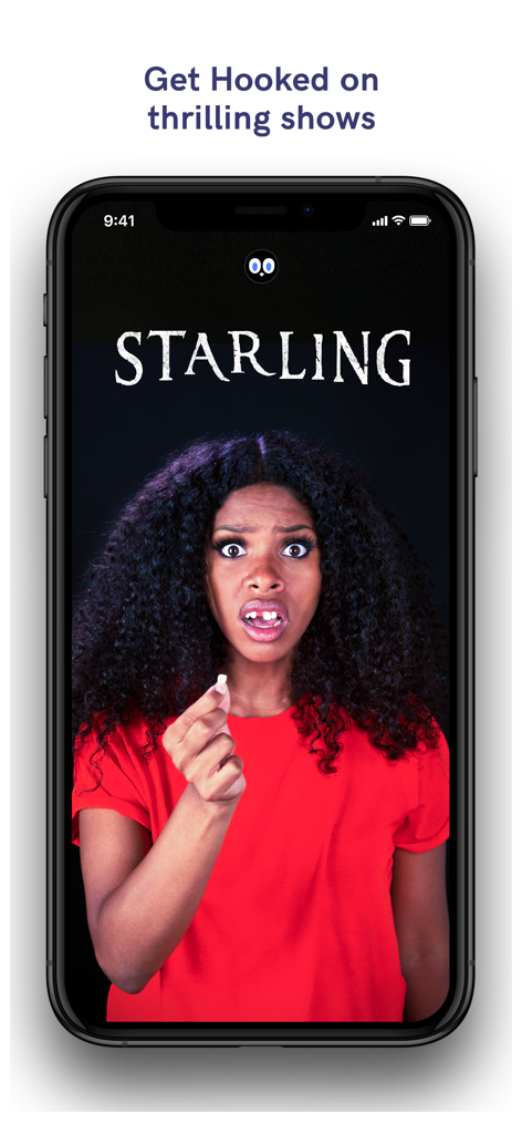 Hooked app interface displaying a thriller story titled Starling with a shocked woman on a smartphone screen