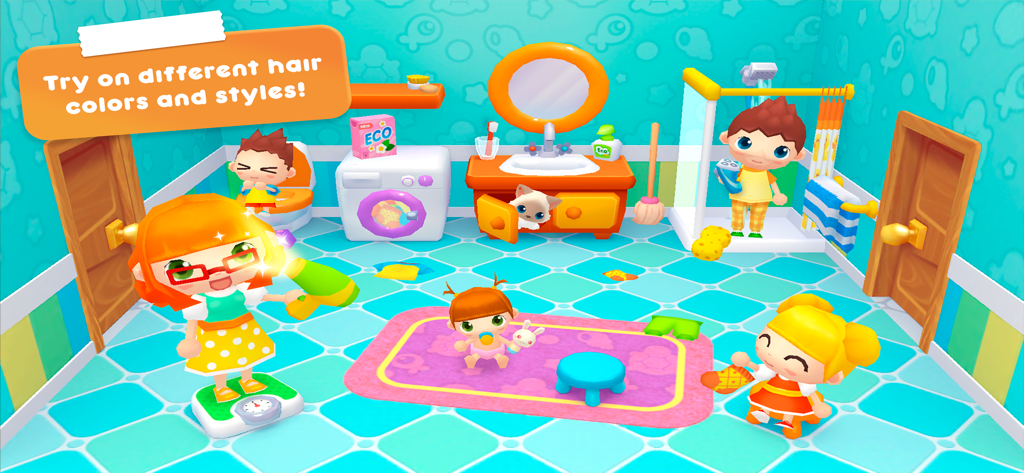 Cartoon family characters interacting in a colorful bathroom scene showcasing hair styling and daily habits.