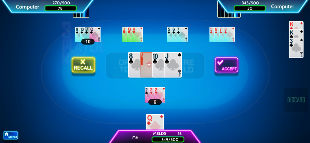 Classic Rummy 500 card game - Classic Rummy 500 mobile card game gameplay interface with neon buttons and AI opponents