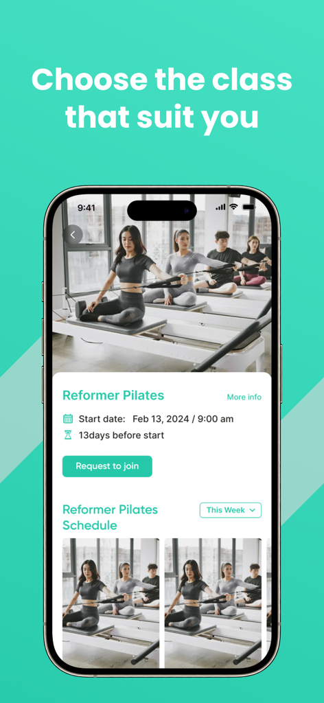 Go Gym Cambodia - Go Gym Cambodia app interface for selecting a reformer pilates class with schedule details and a request to join button