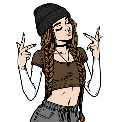 realistic teenage girl with braids and a beanie and crop top doing 🫶🏼
