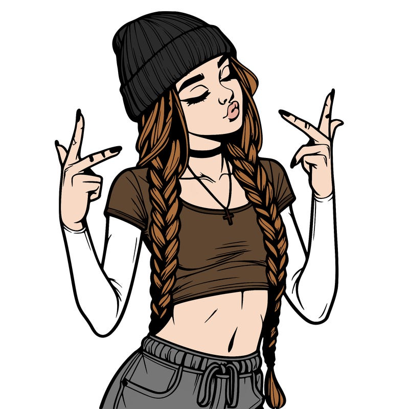 realistic teenage girl with braids and a beanie and crop top doing 🫶🏼