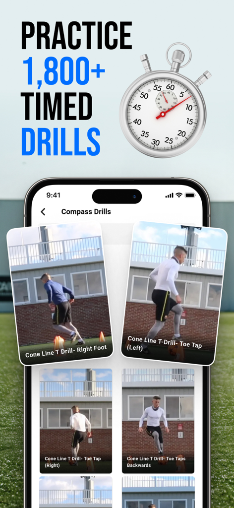 RicFit mobile app interface showing various timed soccer training drills with video demonstrations