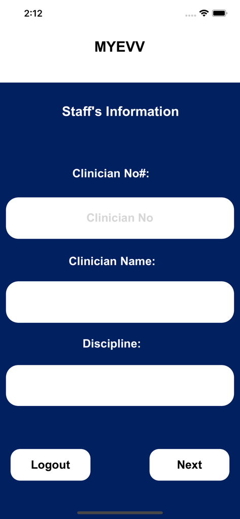 MYEVV - Staff Information screen in the MYEVV app featuring fields for Clinician Number, Name, and Discipline.