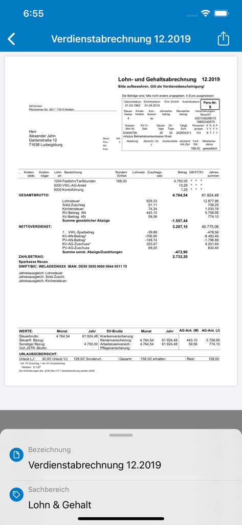 ADDISON OneClick Lohnordner - Mobile view of a digital pay stub in the ADDISON OneClick payroll folder app