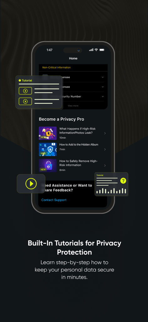 Interfaz de la app Privacy Guard mostrando tutoriales integrados de seguridad y protección de privacidad para usuarios