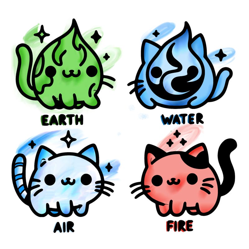 4 cats that represent the different elements, earth, water, air, and fire