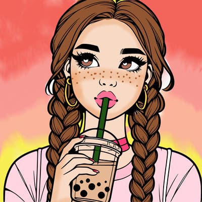 realistic girl with braided hair drinking boba