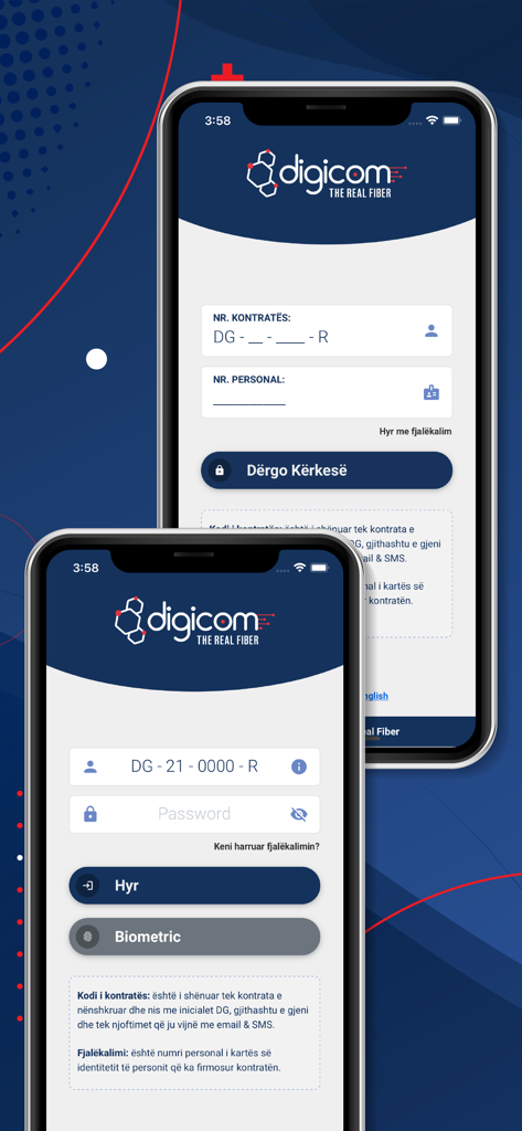 Digicom UP - Pantallas de inicio de sesión de la aplicación móvil Digicom UP que muestran campos para el número de contrato y autenticación biométrica