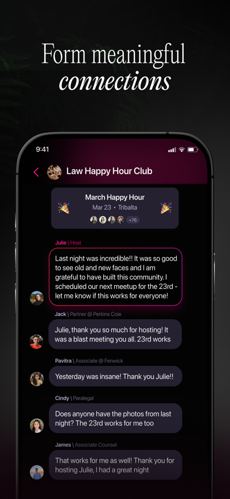Clockout - Network Socially - A group chat interface in the Clockout app for a Law Happy Hour Club where professionals are planning a social meetup.