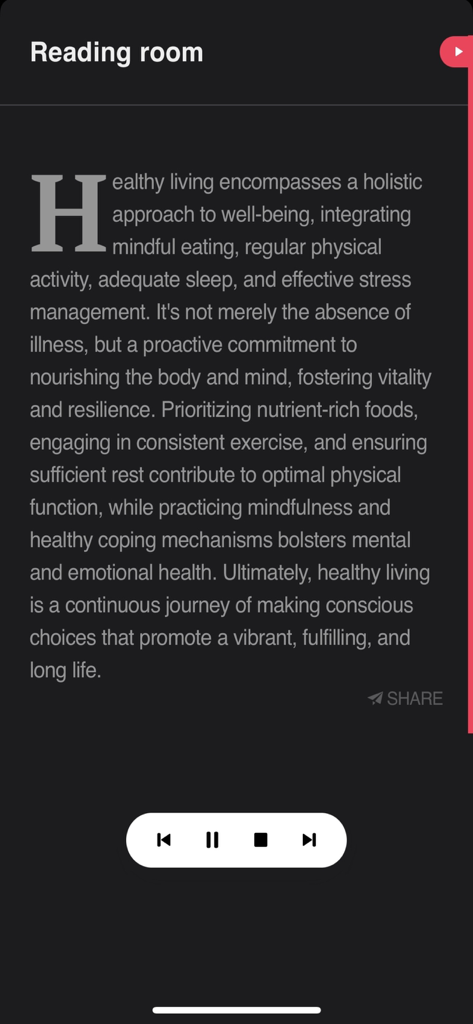 Interfaz de la aplicación Lector de Texto a Voz que muestra la función de sala de lectura con controles de reproducción de audio