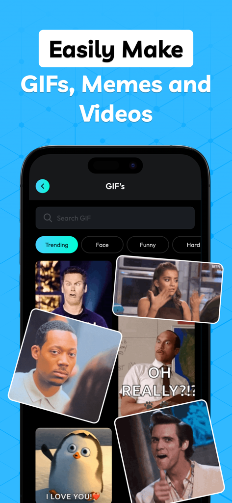 AI GIF Maker : Photo to GIF - Interfaz de una aplicación móvil para crear GIFs y memes con varias categorías de reacción