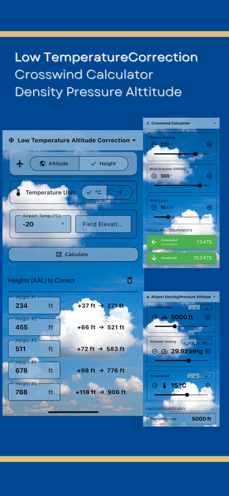 Interfaz que muestra herramientas para pilotos para corrección de altitud por baja temperatura, calculador de viento cruzado y altitud de presión de densidad