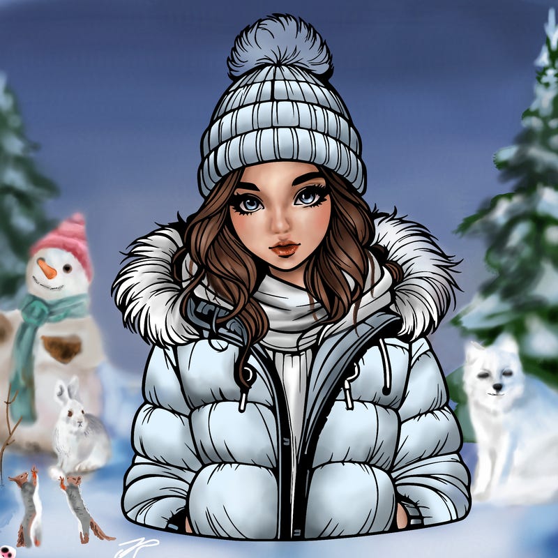 realistic girl with beanie and puff jacket