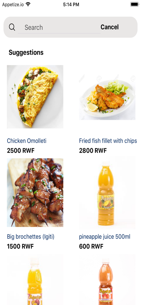 Pana Food - Pana Food mobile app interface displaying food and drink menu suggestions with prices