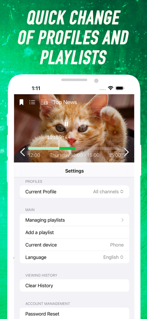 iLook ott player - Interface of iLook ott player showing profile and playlist settings