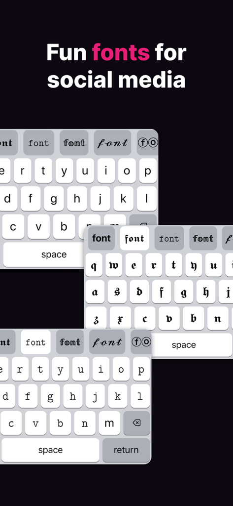 Fontkey - Fonts Keyboard Emoji - Interface de teclado móvel mostrando várias fontes estilizadas para personalização de redes sociais