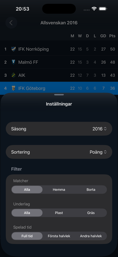 Allsvenskan 2026 - Settings menu for filtering Allsvenskan league standings by season and match type