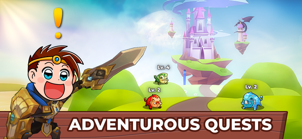 Cartoon warrior character with a sword in a fantasy world with floating islands and small monsters