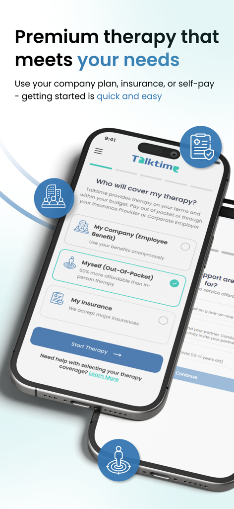 Talktime app screen showing therapy payment options including insurance and employee benefits