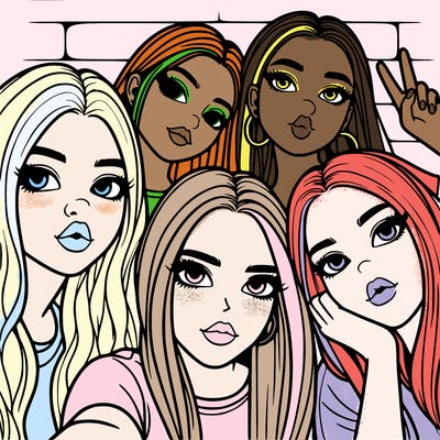 group of teen girls friends y2k up close in a selfie