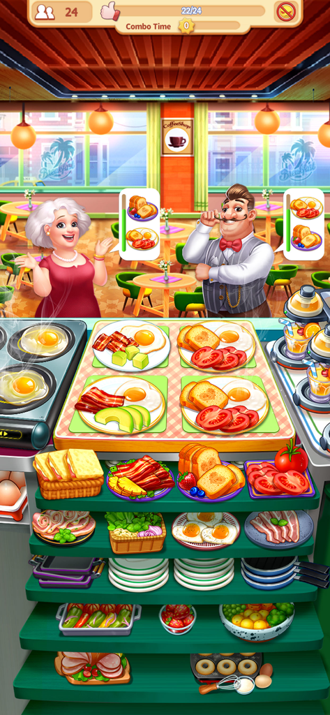 My Restaurant: Cooking Game - Un servicio de desayuno bullicioso en Mi Restaurante Juego de Cocina con clientes esperando sus comidas.