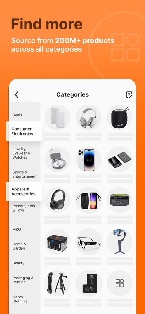 L'interface de l'application Alibaba.com présente un large éventail de catégories de produits pour l'approvisionnement B2B.