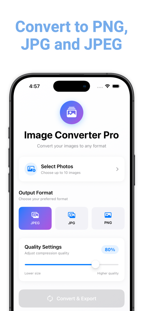 photos Converter – PNG, JPG - Captura de tela do aplicativo móvel Image Converter Pro mostrando a seleção de fotos e opções de formato de saída para PNG e JPG