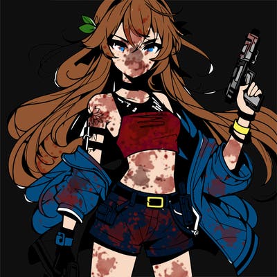bad girl wearing crop top holding a gun long hair anime