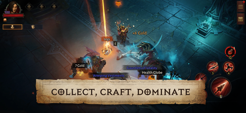 A Diablo Immortal character collecting dropped loot items and gold in a dark sanctuary dungeon with the slogan Collect Craft Dominate.