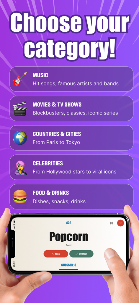 Charades: Party & Group Games - Una pantalla de aplicación móvil que muestra varias categorías de charadas como música, películas y celebridades con una vista previa del juego en la parte inferior.