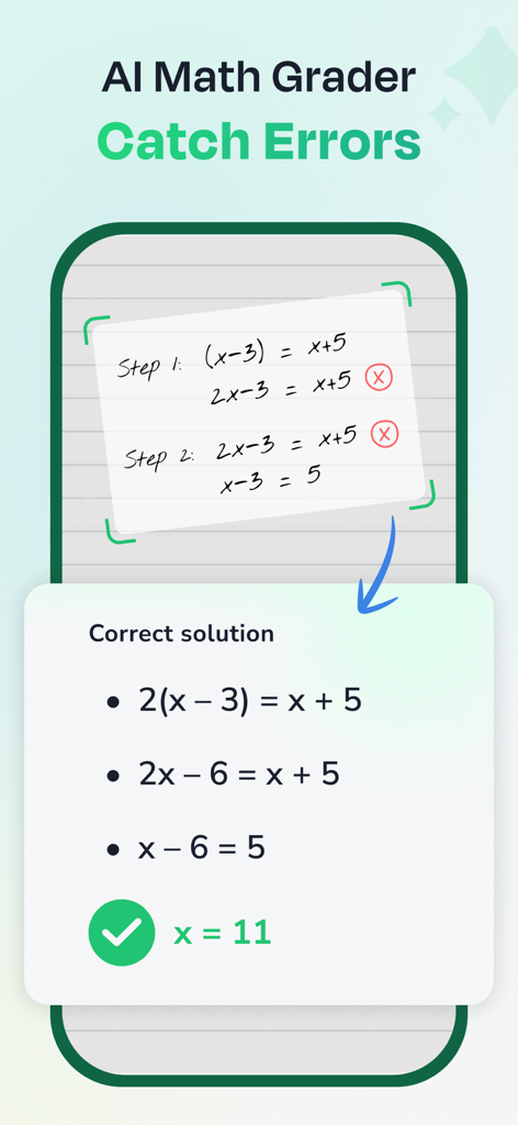 AI Math Solver App - SolveMate - SolveMate AI Math Grader interface identifying errors in handwritten math and providing a correct step-by-step solution