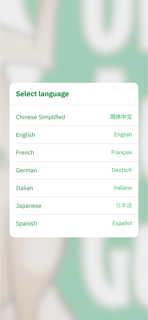 Tela de seleção de idioma no aplicativo Uluru Audio Guide Tour listando inglês, chinês, francês, alemão, italiano, japonês e espanhol.