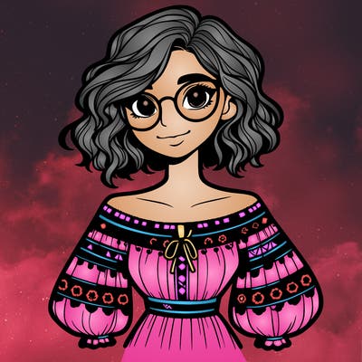 one girl with medium short hair, which are wavy. she has round glasses. she wears a latina outfit.