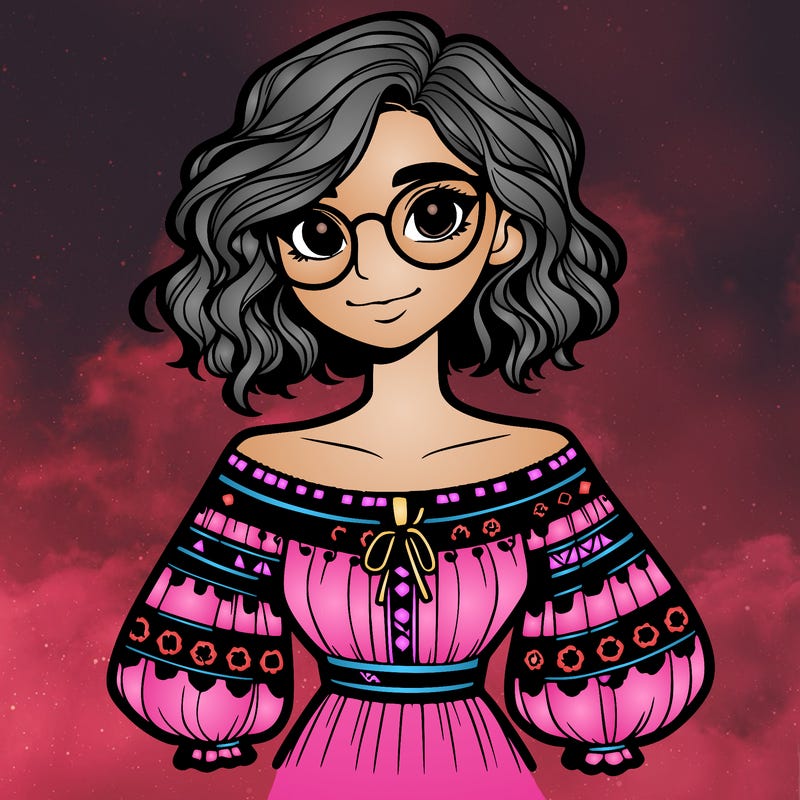 one girl with medium short hair, which are wavy. she has round glasses. she wears a latina outfit.