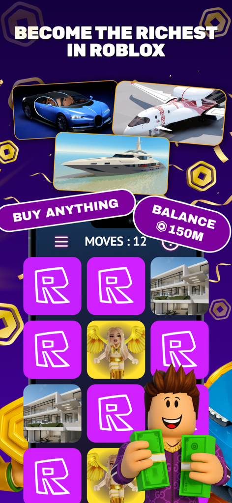 RBLXPlus app showing a memory match game with luxury items and a high Robux balance indicator