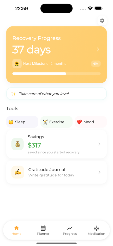 Bati - Recovery in your pocket - Bati App-Startbildschirm mit 37 Tagen Genesungsfortschritt und einem Spar-Tracker.