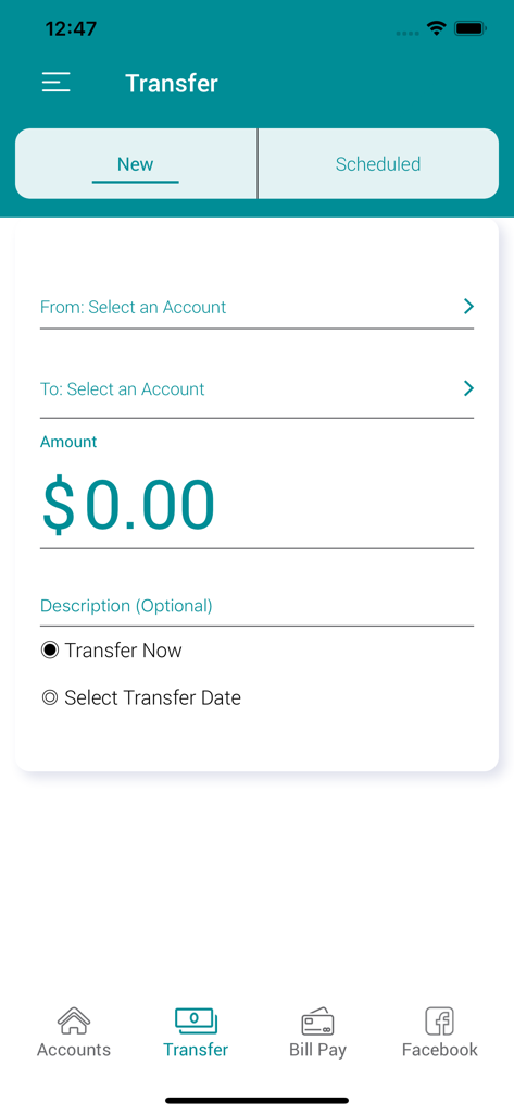 Money transfer screen in the Ariza Credit Union mobile banking app
