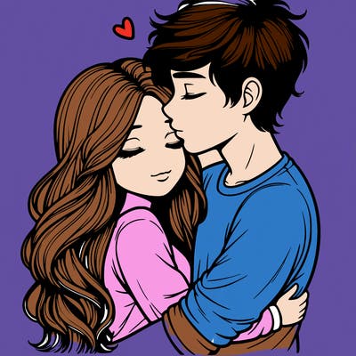 a realistic couple boy and girl hugging and kissing