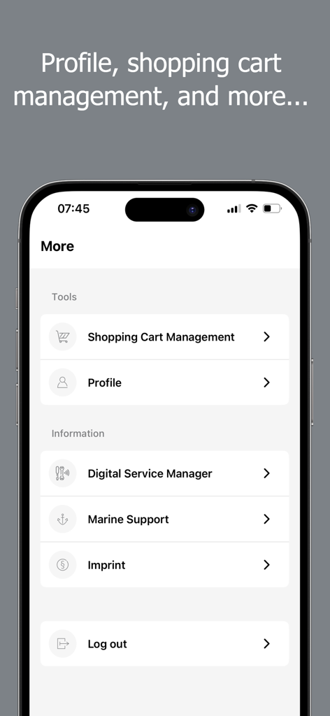 TechAssistant 2.0 - TechAssistant 2.0 app more menu featuring profile and shopping cart management
