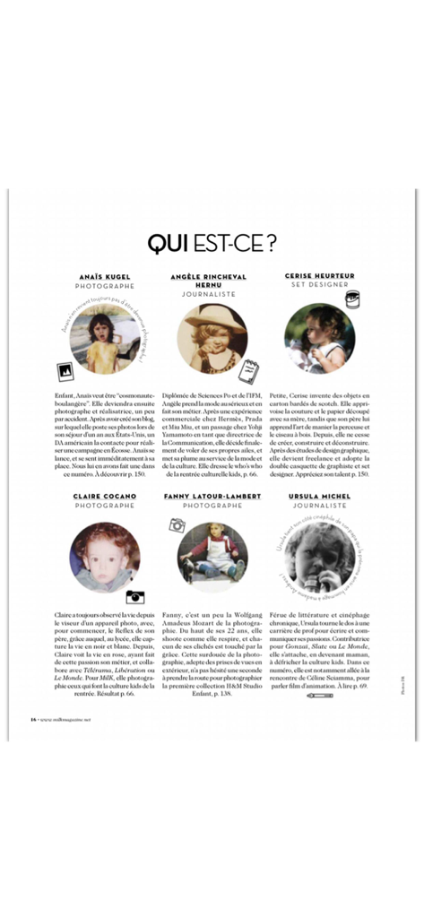 Eine Seite aus dem Milk Magazine mit dem Titel Qui Est Ce, die Profile und Kindheitsfotos von Fotografen und Journalisten zeigt