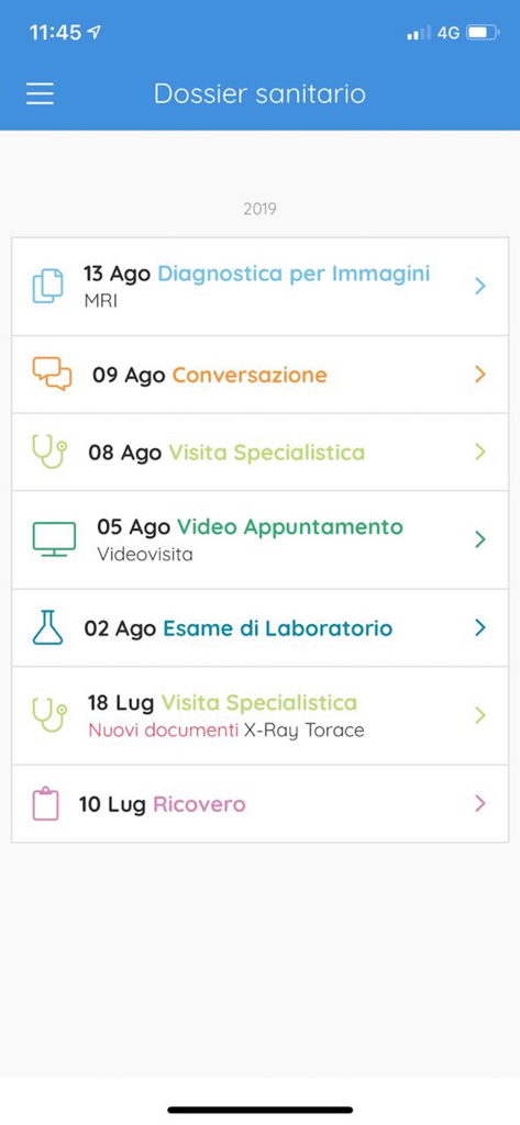 Affidea Connect Italy - Elenco cronologico di esami medici e visite specialistiche nel dossier dell'app Affidea