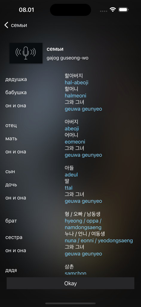 Учите корейский легко - Lista de vocabulário de família coreana com traduções em português e transcrições fonéticas para aprendizado de idiomas.
