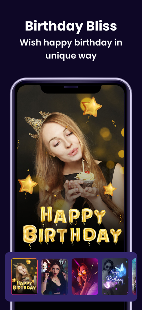 MBit: Reels & Video Templates - MBit 앱 인터페이스에 컵케이크를 들고 있는 여성과 생일 축하 텍스트가 있는 생일 비디오 템플릿 표시