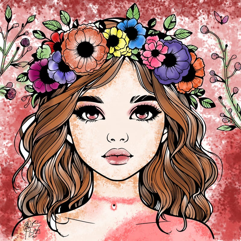 beautiful realistic girl with freckles and a flower crown