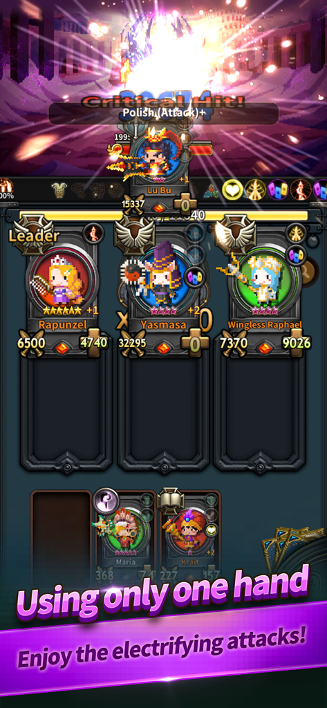 A battle scene in Triple Fantasy showing pixel art heroes and a critical hit effect.